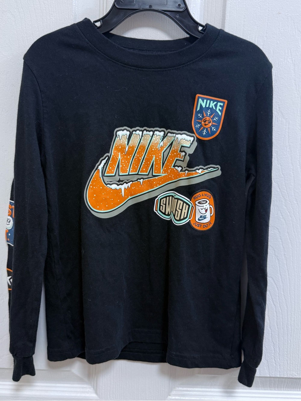 Nike Kids' Black “Snow day” Long-Sleeve Graphic Tee with Orange Logo, Size 5
